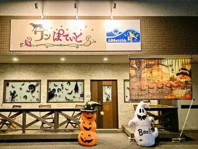 ハロウィンの装飾が施された「ワンぽてぃと」という名前のカフェの外観。店名の看板の下にはジャックオーランタンとおばけの飾りが置かれている。