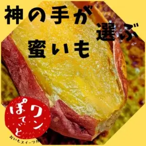 焼き芋の断面写真。黄金色の蜜が詰まった甘いサツマイモに「神の手が選ぶ蜜いも」の文字と「ワンぽてぃと」のロゴが入ったプロモーション画像。