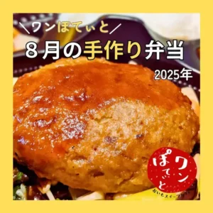ソースがたっぷりかかった手作りハンバーグのアップ。ワンぽてぃと8月の日替わり弁当の一品。