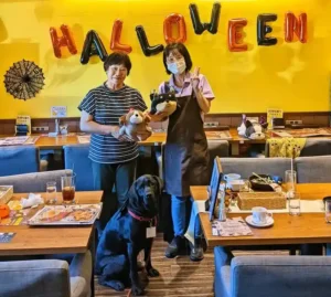 ワンぽてぃと店内でハロウィンの飾り付けを背景に、看板犬オリバーと2人の女性がぬいぐるみを持ち記念撮影している様子。
