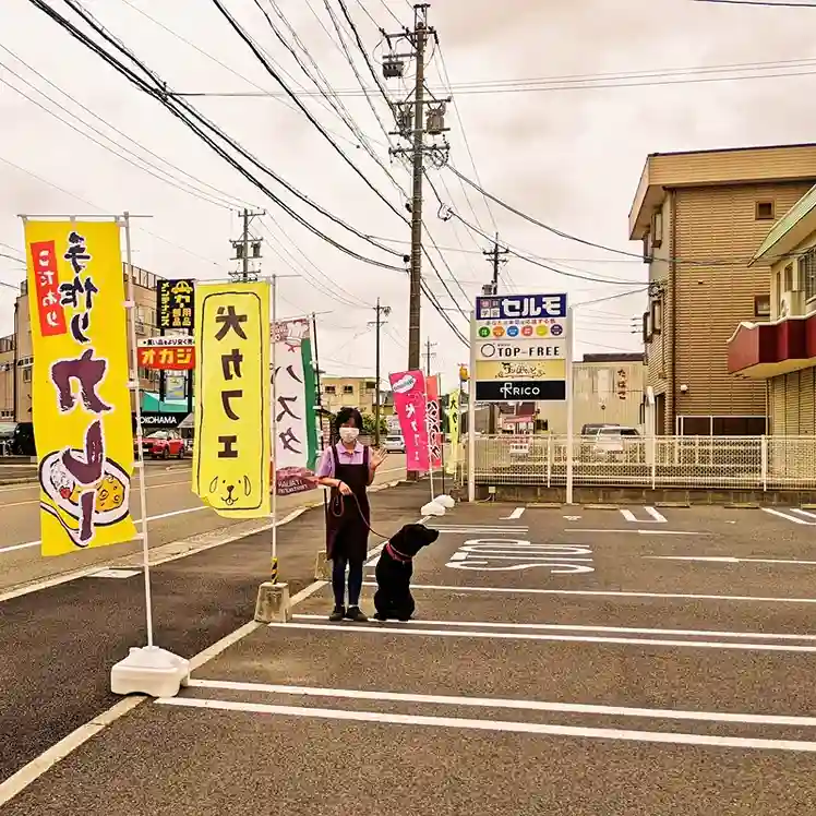 愛知県春日井市勝川のカフェ「ワンぽてぃと」の店舗前・無料駐車場。広くて停めやすいスペース完備