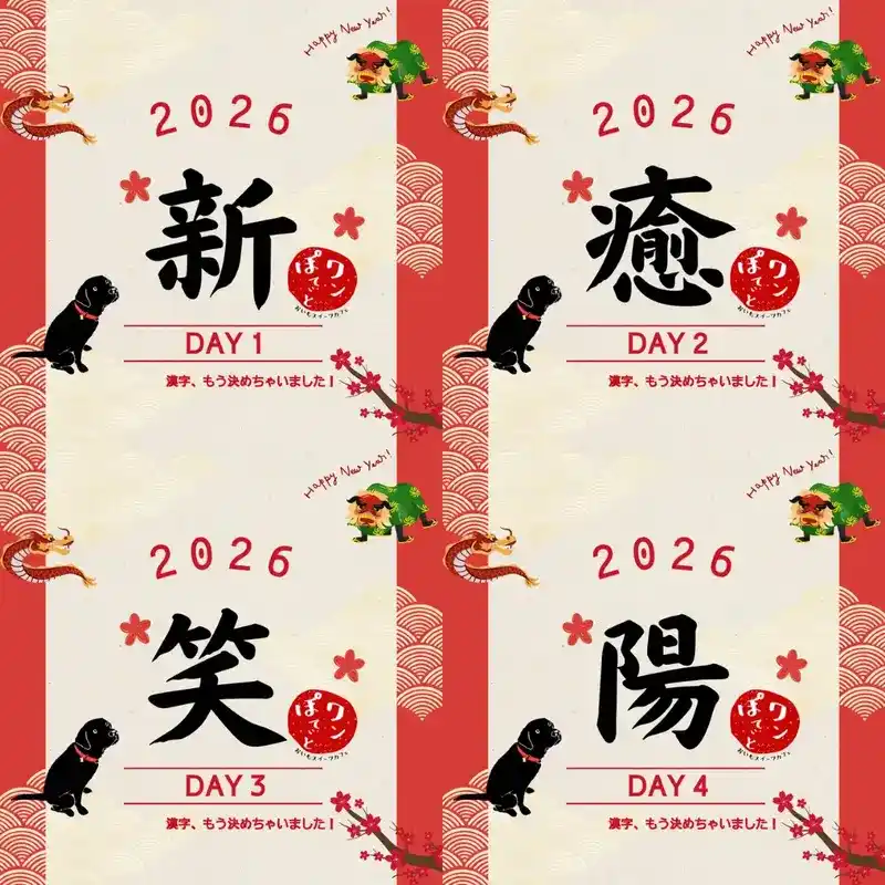 春日井市のカフェレストラン「ワンぽてぃと」2026年のテーマ漢字（新・癒・笑・陽）と看板犬オリバー