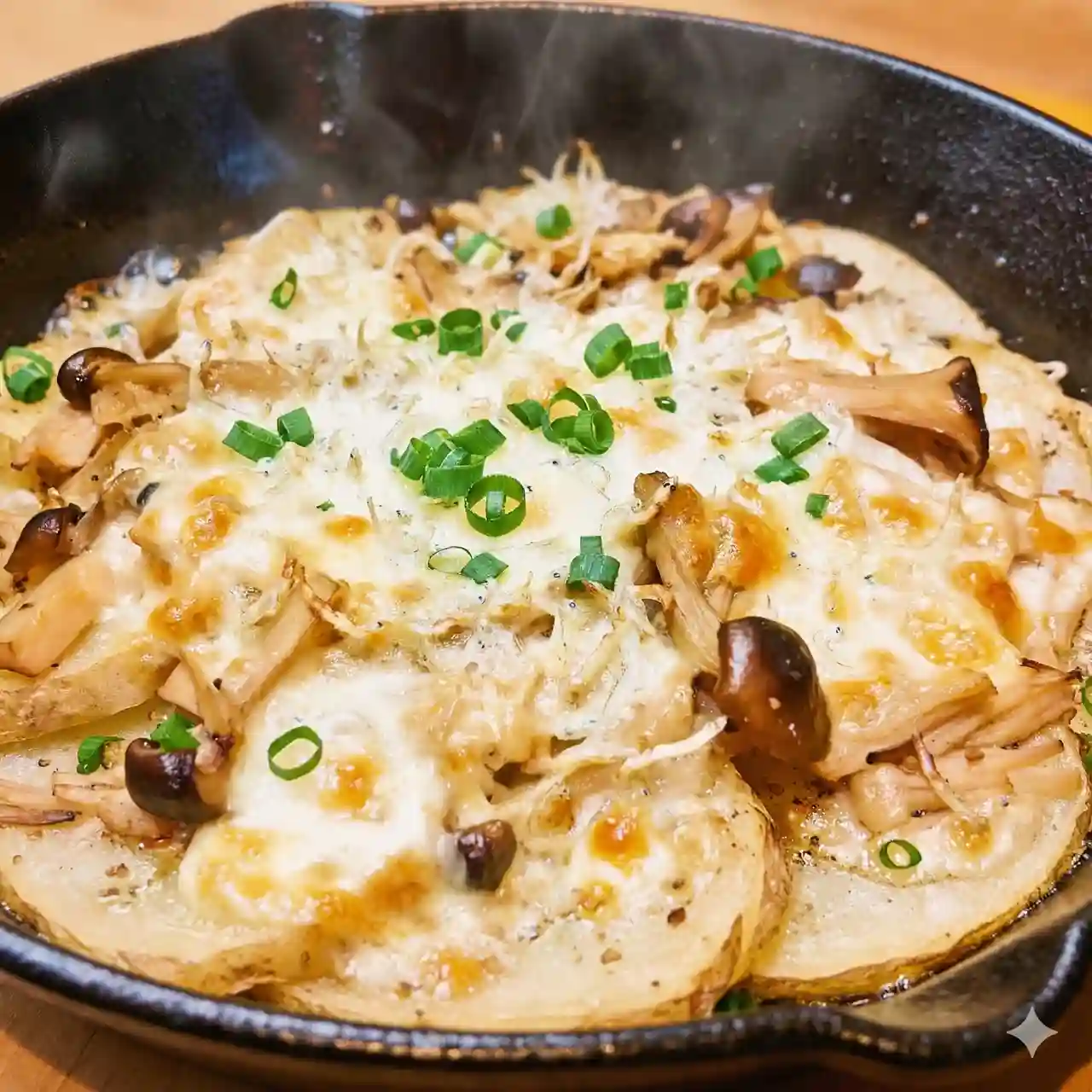 スキレットに入ったじゃがいも生地のピザ。しらすときのこがたっぷりと乗り、こんがりと焼けたチーズと青ネギがトッピングされている。