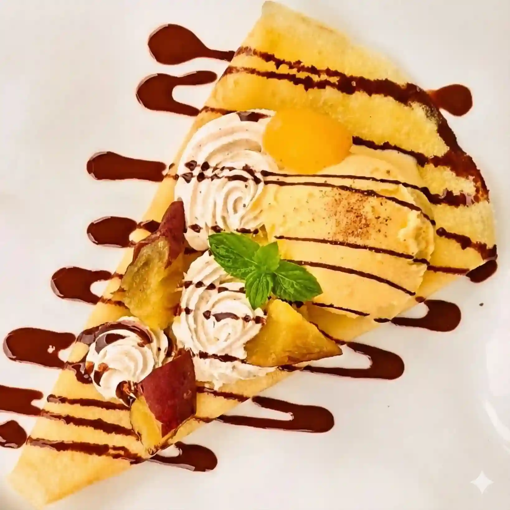 皿に盛られた豪華なクレープ。さつまいもアイス、蜜芋の甘露煮、たっぷりのクリーム、チョコレートソースでデコレーションされている。