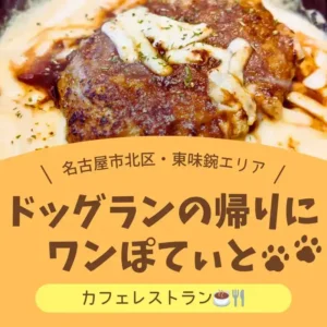 名古屋市北区・東味鋺エリアのドッグカフェ「ワンぽていと」の、とろけるチーズが乗ったハンバーグ。ドッグラン帰りに寄れるカフェレストラン。