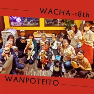 ドッグカフェ「ワンぽてぃと」で開催された「第18回わちゃわちゃの会」にて、愛犬を抱いて笑顔で並ぶ参加者たちの集合写真。手前には誕生日帽子を被った黒いラブラドールレトリバーがいます