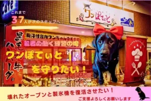 愛知県春日井市のカフェレストラン「ワンぽてぃと」のクラウドファンディング告知画像。赤いリボンをつけた黒ラブラドールの看板犬オリバーと、「若者の働く練習の場を守りたい！壊れたオーブンと製氷機を復活させたい！」というメッセージ。