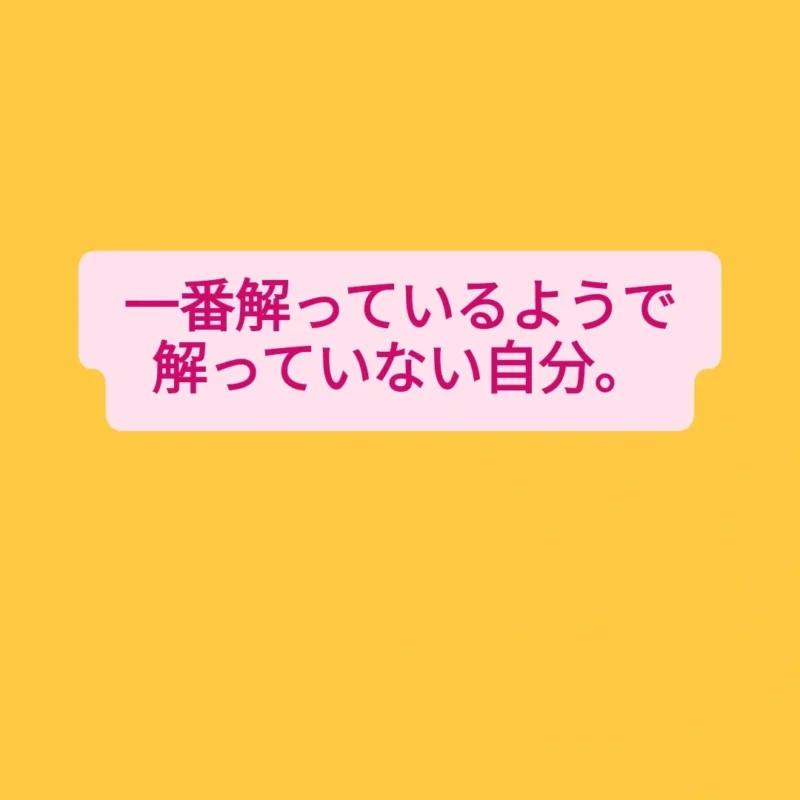 明るい黄色の背景に、ピンクの吹き出し。その中に「一番解っているようで解っていない自分。」というメッセージが書かれたグラフィック画像。