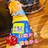 「介助犬訓練中」の青い服を着た犬の後ろ姿と、車椅子の一部。「介助犬協会から」の文字。