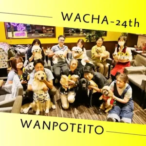 愛知県春日井市のカフェ「ワンぽてぃと」で開催された第24回わちゃわちゃの会の集合写真。オーナーの小栗加奈と看板犬のオリバーも中央に写っています。