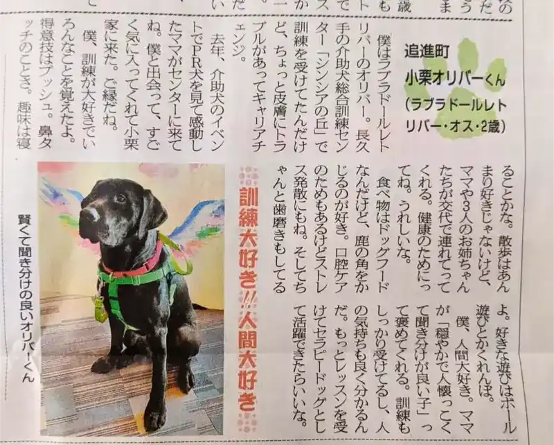 開業前のワンぽてぃとが掲載された『くらしのニュース』の記事と、まだ若かりし頃の看板犬オリバーの写真